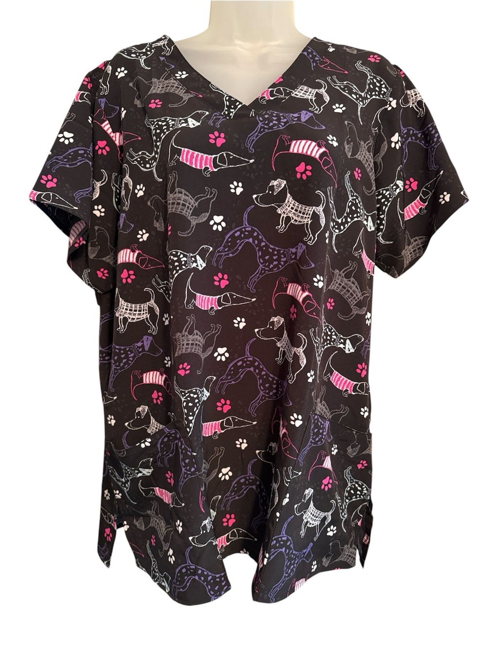 Wonder Wink dachshund Dalmatian scrub shirt scrubs black pink purple white vet